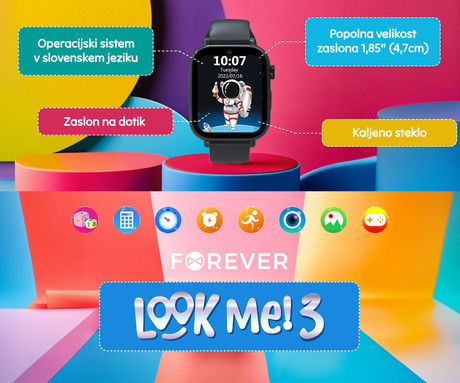 FOREVER Look Me! 3 KW-520 otroška pametna ura, 4G LTE, 1.85" zaslon, GPS+WiFi+LBS lociranje, video klici, SOS gumb, Android + iOS, aplikacija, IP65, pedometer, igre, roza (Blush Pink)