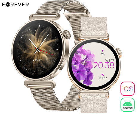 FOREVER BLOOMDUST SB-380 pametna ura, 1.32" AMOLED zaslon, 2 paščka, BT 5.3, Android + iOS, baterija, aplikacija, spremljanje zdravja / spanca / aktivnosti, AGC 6H steklo, IP68, zlata (Champagne Gold)