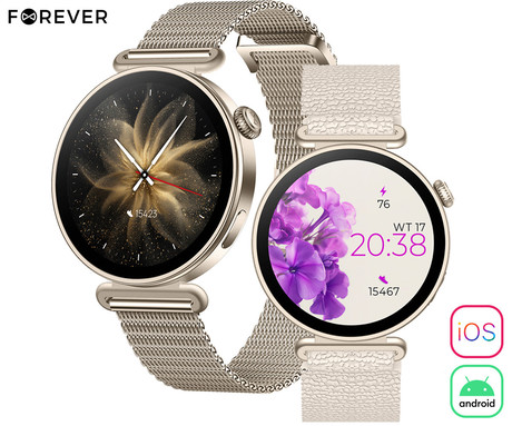 FOREVER BLOOMDUST SB-380 pametna ura, 1.32" AMOLED zaslon, 2 paščka, BT 5.3, Android + iOS, baterija, aplikacija, spremljanje zdravja / spanca / aktivnosti, AGC 6H steklo, IP68, zlata (Champagne Gold)