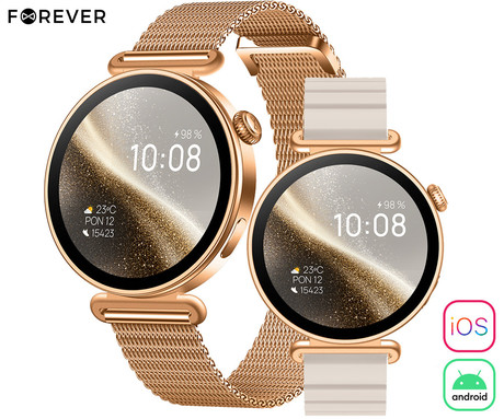 FOREVER ROSADUST SB-380 pametna ura, 1.32" AMOLED zaslon, 2 paščka, BT 5.3, Android + iOS, baterija, aplikacija, spremljanje zdravja / spanca / aktivnosti, AGC 6H steklo, IP68, roza zlata (Rose Gold)