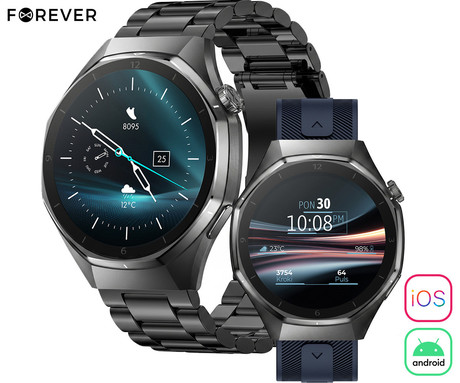 FOREVER zBASE SW-720 pametna ura, 1.43" AMOLED zaslon, 2 paščka, BT 5.3, Android + iOS, baterija, aplikacija, spremljanje zdravja / spanca / aktivnosti, AGC 6H steklo, IP68, srebrno modra (Navy Blue)