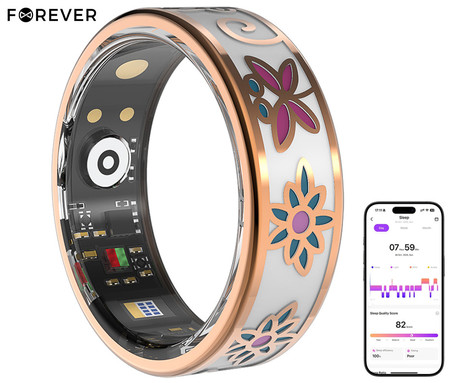 FOREVER BOTANICAL SR-101 pametni prstan, velikost 8, BT 5.4, Android + iOS, baterija, aplikacija, spremljanje zdravja / spanca / aktivnosti, 5ATM, +polnilna postaja, kovinski, roza zlat (Rose Gold)