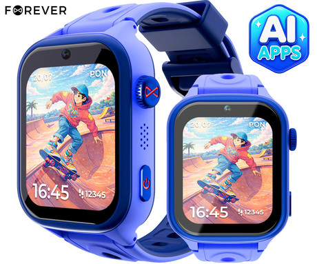 FOREVER BRO KW-540 AI otroška pametna ura, 4G LTE, Android OS, 1.72" IPS zaslon, AI funkcije, GPS+WIFI+LBS lociranje, SMS / video / klici, SOS gumb, aplikacija, IP65, 2 paščka, modra (Ocean Blue)