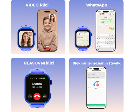 FOREVER BRO KW-540 AI otroška pametna ura, 4G LTE, Android OS, 1.72" IPS zaslon, AI funkcije, GPS+WIFI+LBS lociranje, SMS / video / klici, SOS gumb, aplikacija, IP65, 2 paščka, modra (Ocean Blue)