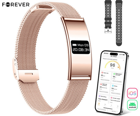 FOREVER ELEGANCE SB-B8 pametna zapestnica / ura, OLED zaslon, 2 paščka, BT 5.3, Android + iOS, baterija, aplikacija, spremljanje zdravja / spanca / aktivnosti / športa, IPX8, roza zlata (Rose Gold)