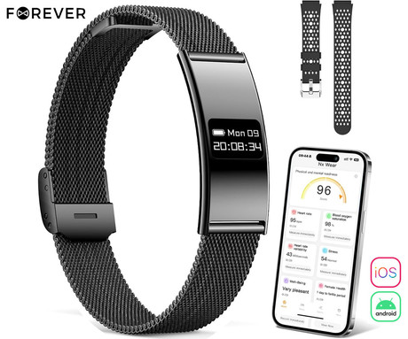 FOREVER ELEGANCE SB-B8 pametna zapestnica / ura, OLED zaslon, 2 paščka, BT 5.3, Android + iOS, baterija, aplikacija, spremljanje zdravja / spanca / aktivnosti / športa, IPX8, črna (Carbon Black)