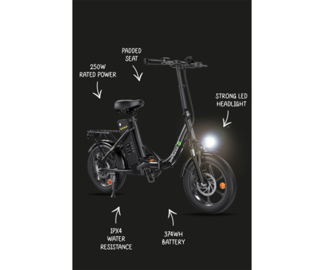 ISINWHEEL U4 električno kolo, zložljivo, 16" pnevmatike, 250W motor, 36V 10Ah 374Wh baterija, do 88km, do 25km/h, disk zavore, vzmetenje, belo