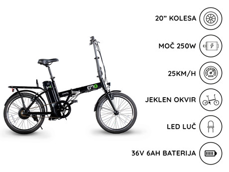 EOL - Električno kolo Trevi SPEEDY, 20'', zložljiv, hitrost do 25km/h, domet do 25km, LED display, baterija 3.6V/6Ah, do 120kg, črne barve