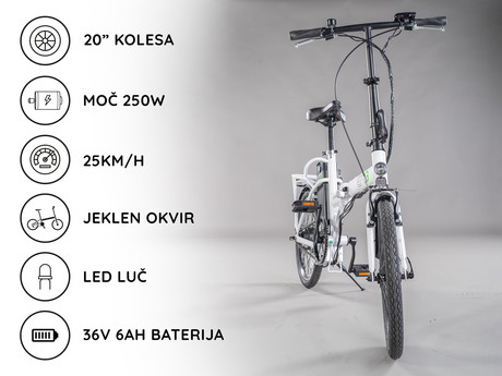EOL - Električno kolo Trevi SPEEDY, 20'', zložljiv, hitrost do 25km/h, domet do 25km, LED display, baterija 3.6V/6Ah, do 120kg, bele barve