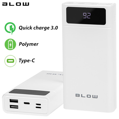 Power bank BLOW PB40A, 40.000mAh, Polymer baterija, Quick Charge 3.0, LED zaslon, Type-C, bela