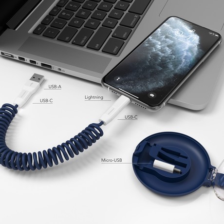 Vonmählen ALLROUNDO ® C univerzalni 6v1 kabel za polnjenje, USB-C / USB-A / Micro-USB / Lightning, združljiv z vsemi napravami, hitro polnjenje, 75 cm, modra (Marine)