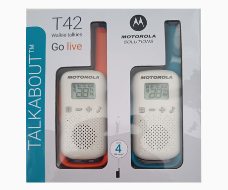 MOTOROLA T42 walkie talkie komplet, 2-KIT, PMR446, 16 kanalov, doseg 4km, +dodatki, moder, oranžen
