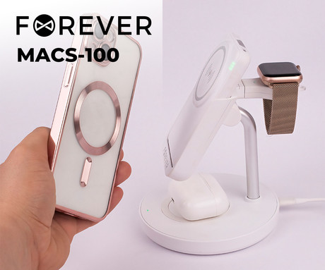 FOREVER MACS-100 5v1 magnetna brezžična polnilna postaja, powerbank, do 3 naprave, tehnologija MagSafe, 20W, 5000mAh, hitro polnjenje, USB Type-C + USB Type-A