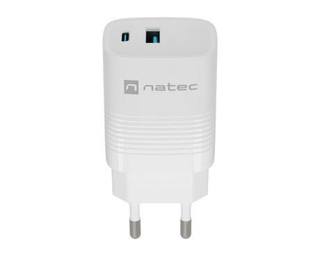 Natec RIBERA GaN polnilec, 30W, 1x USB-A, 1x USB-C, PD 3.0, QC 3.0, protokol PPS, univerzalna kompatibilnost, tehnologija GaN, varnostne zaščite, 82x39x33mm, bel