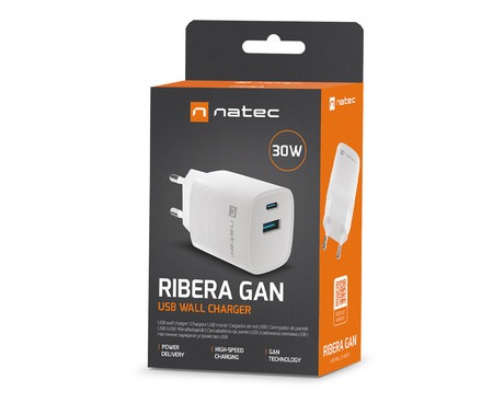 Natec RIBERA GaN polnilec, 30W, 1x USB-A, 1x USB-C, PD 3.0, QC 3.0, protokol PPS, univerzalna kompatibilnost, tehnologija GaN, varnostne zaščite, 82x39x33mm, bel