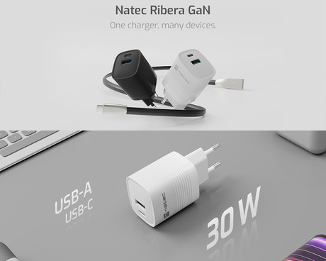 Natec RIBERA GaN polnilec, 30W, 1x USB-A, 1x USB-C, PD 3.0, QC 3.0, protokol PPS, univerzalna kompatibilnost, tehnologija GaN, varnostne zaščite, 82x39x33mm, bel