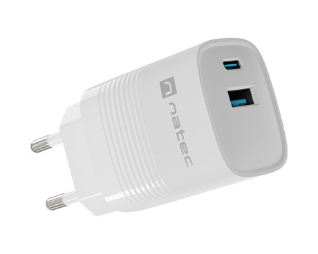 Natec RIBERA GaN polnilec, 30W, 1x USB-A, 1x USB-C, PD 3.0, QC 3.0, protokol PPS, univerzalna kompatibilnost, tehnologija GaN, varnostne zaščite, 82x39x33mm, bel