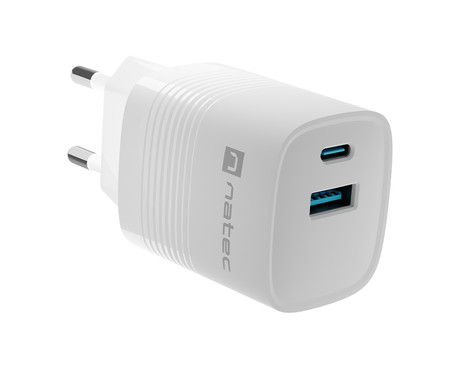 Natec RIBERA GaN polnilec, 30W, 1x USB-A, 1x USB-C, PD 3.0, QC 3.0, protokol PPS, univerzalna kompatibilnost, tehnologija GaN, varnostne zaščite, 82x39x33mm, bel