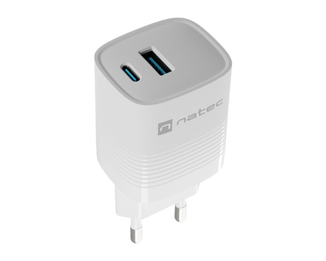 Natec RIBERA GaN polnilec, 30W, 1x USB-A, 1x USB-C, PD 3.0, QC 3.0, protokol PPS, univerzalna kompatibilnost, tehnologija GaN, varnostne zaščite, 82x39x33mm, bel