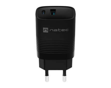 Natec RIBERA GaN polnilec, 30W, 1x USB-A, 1x USB-C, PD 3.0, QC 3.0, protokol PPS, univerzalna kompatibilnost, tehnologija GaN, varnostne zaščite, 82x39x33mm, črn