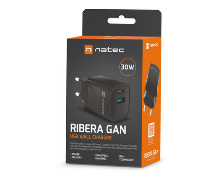 Natec RIBERA GaN polnilec, 30W, 1x USB-A, 1x USB-C, PD 3.0, QC 3.0, protokol PPS, univerzalna kompatibilnost, tehnologija GaN, varnostne zaščite, 82x39x33mm, črn