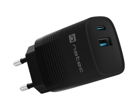 Natec RIBERA GaN polnilec, 30W, 1x USB-A, 1x USB-C, PD 3.0, QC 3.0, protokol PPS, univerzalna kompatibilnost, tehnologija GaN, varnostne zaščite, 82x39x33mm, črn