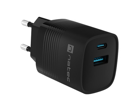 Natec RIBERA GaN polnilec, 30W, 1x USB-A, 1x USB-C, PD 3.0, QC 3.0, protokol PPS, univerzalna kompatibilnost, tehnologija GaN, varnostne zaščite, 82x39x33mm, črn