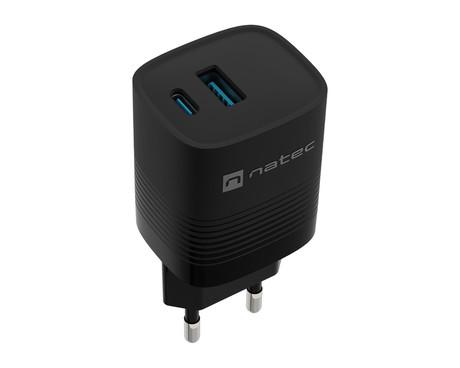 Natec RIBERA GaN polnilec, 30W, 1x USB-A, 1x USB-C, PD 3.0, QC 3.0, protokol PPS, univerzalna kompatibilnost, tehnologija GaN, varnostne zaščite, 82x39x33mm, črn