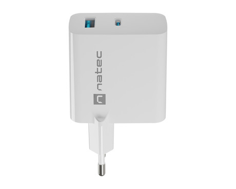 Natec RIBERA GaN polnilec, 65W, 1x USB-A, 1x USB-C, PD 3.0, QC 3.0, protokol PPS, univerzalna kompatibilnost, tehnologija GaN, varnostne zaščite, 90x51x29mm, bel