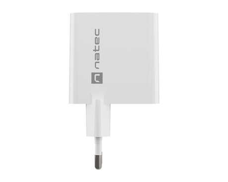 Natec RIBERA GaN polnilec, 65W, 1x USB-A, 1x USB-C, PD 3.0, QC 3.0, protokol PPS, univerzalna kompatibilnost, tehnologija GaN, varnostne zaščite, 90x51x29mm, bel