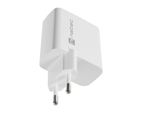 Natec RIBERA GaN polnilec, 65W, 1x USB-A, 1x USB-C, PD 3.0, QC 3.0, protokol PPS, univerzalna kompatibilnost, tehnologija GaN, varnostne zaščite, 90x51x29mm, bel