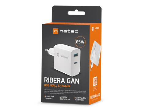 Natec RIBERA GaN polnilec, 65W, 1x USB-A, 1x USB-C, PD 3.0, QC 3.0, protokol PPS, univerzalna kompatibilnost, tehnologija GaN, varnostne zaščite, 90x51x29mm, bel