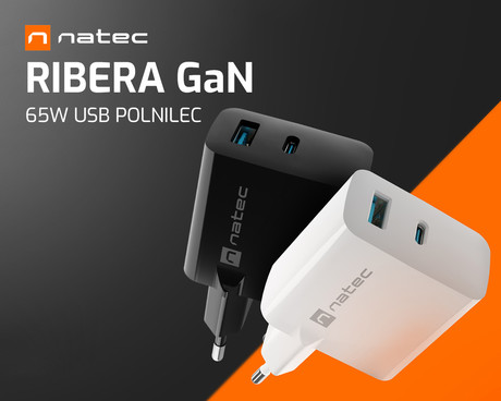 Natec RIBERA GaN polnilec, 65W, 1x USB-A, 1x USB-C, PD 3.0, QC 3.0, protokol PPS, univerzalna kompatibilnost, tehnologija GaN, varnostne zaščite, 90x51x29mm, bel