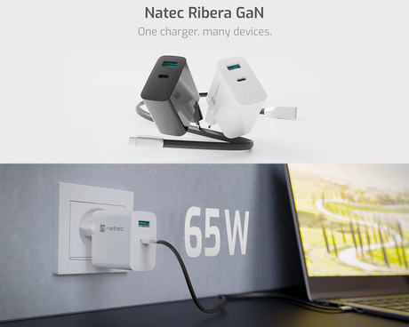 Natec RIBERA GaN polnilec, 65W, 1x USB-A, 1x USB-C, PD 3.0, QC 3.0, protokol PPS, univerzalna kompatibilnost, tehnologija GaN, varnostne zaščite, 90x51x29mm, bel