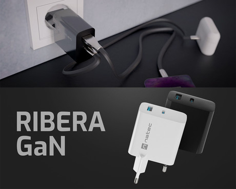 Natec RIBERA GaN polnilec, 65W, 1x USB-A, 1x USB-C, PD 3.0, QC 3.0, protokol PPS, univerzalna kompatibilnost, tehnologija GaN, varnostne zaščite, 90x51x29mm, bel