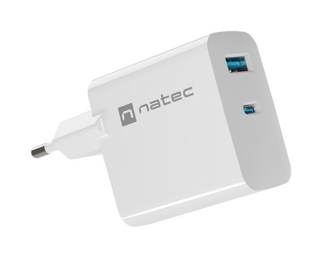 Natec RIBERA GaN polnilec, 65W, 1x USB-A, 1x USB-C, PD 3.0, QC 3.0, protokol PPS, univerzalna kompatibilnost, tehnologija GaN, varnostne zaščite, 90x51x29mm, bel