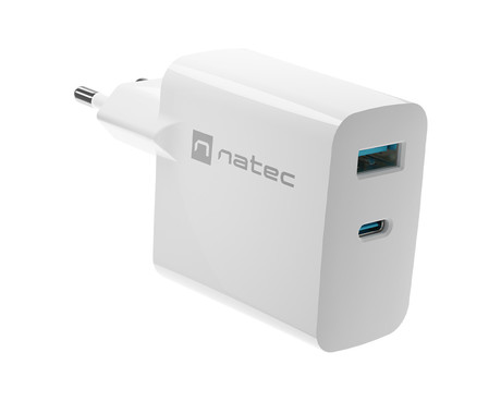 Natec RIBERA GaN polnilec, 65W, 1x USB-A, 1x USB-C, PD 3.0, QC 3.0, protokol PPS, univerzalna kompatibilnost, tehnologija GaN, varnostne zaščite, 90x51x29mm, bel