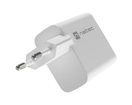 Natec RIBERA GaN polnilec, 65W, 1x USB-A, 1x USB-C, PD 3.0, QC 3.0, protokol PPS, univerzalna kompatibilnost, tehnologija GaN, varnostne zaščite, 90x51x29mm, bel