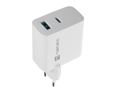 Natec RIBERA GaN polnilec, 65W, 1x USB-A, 1x USB-C, PD 3.0, QC 3.0, protokol PPS, univerzalna kompatibilnost, tehnologija GaN, varnostne zaščite, 90x51x29mm, bel