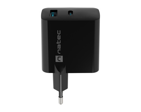 Natec RIBERA GaN polnilec, 65W, 1x USB-A, 1x USB-C, PD 3.0, QC 3.0, protokol PPS, univerzalna kompatibilnost, tehnologija GaN, varnostne zaščite, 90x51x29mm, črn