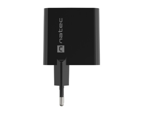 Natec RIBERA GaN polnilec, 65W, 1x USB-A, 1x USB-C, PD 3.0, QC 3.0, protokol PPS, univerzalna kompatibilnost, tehnologija GaN, varnostne zaščite, 90x51x29mm, črn