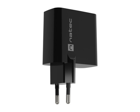 Natec RIBERA GaN polnilec, 65W, 1x USB-A, 1x USB-C, PD 3.0, QC 3.0, protokol PPS, univerzalna kompatibilnost, tehnologija GaN, varnostne zaščite, 90x51x29mm, črn