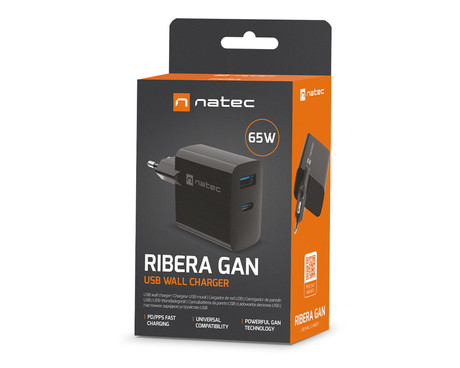 Natec RIBERA GaN polnilec, 65W, 1x USB-A, 1x USB-C, PD 3.0, QC 3.0, protokol PPS, univerzalna kompatibilnost, tehnologija GaN, varnostne zaščite, 90x51x29mm, črn