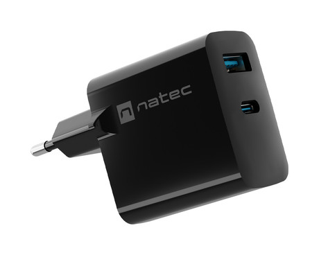 Natec RIBERA GaN polnilec, 65W, 1x USB-A, 1x USB-C, PD 3.0, QC 3.0, protokol PPS, univerzalna kompatibilnost, tehnologija GaN, varnostne zaščite, 90x51x29mm, črn