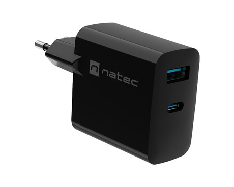 Natec RIBERA GaN polnilec, 65W, 1x USB-A, 1x USB-C, PD 3.0, QC 3.0, protokol PPS, univerzalna kompatibilnost, tehnologija GaN, varnostne zaščite, 90x51x29mm, črn