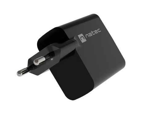 Natec RIBERA GaN polnilec, 65W, 1x USB-A, 1x USB-C, PD 3.0, QC 3.0, protokol PPS, univerzalna kompatibilnost, tehnologija GaN, varnostne zaščite, 90x51x29mm, črn