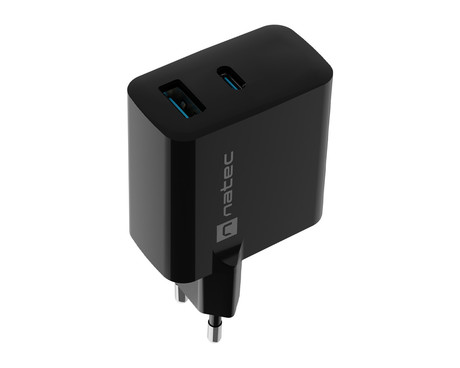 Natec RIBERA GaN polnilec, 65W, 1x USB-A, 1x USB-C, PD 3.0, QC 3.0, protokol PPS, univerzalna kompatibilnost, tehnologija GaN, varnostne zaščite, 90x51x29mm, črn