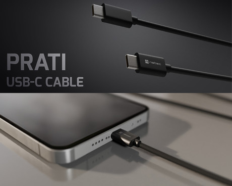 Natec PRATI kabel USB-C, 100W, 100cm, Power Delivery 3.0, univerzalna kompatibilnost, TPE, Velcro, črn