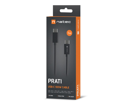 Natec PRATI kabel USB-C, 100W, 100cm, Power Delivery 3.0, univerzalna kompatibilnost, TPE, Velcro, črn