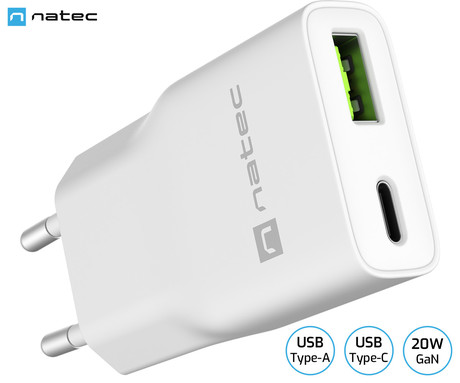 Natec RIBERA GaN SLIM polnilec, 20W, 1x USB-A, 1x USB-C, PD 3.0, QC 3.0, protokol PPS, univerzalna kompatibilnost, tehnologija GaN, varnostne zaščite, 83x38x16mm, bel